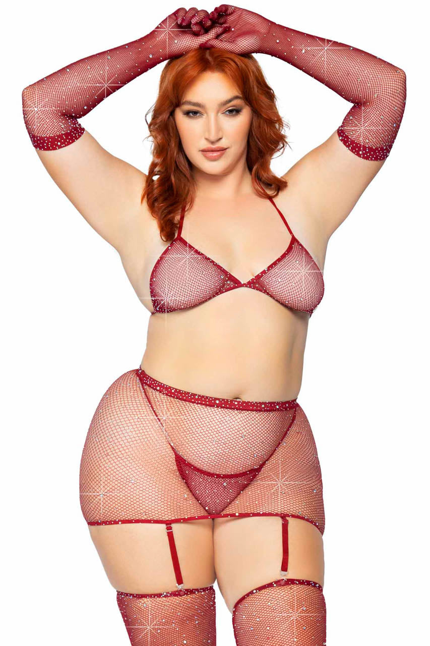 Plus Size Rhinestone Fishnet Bra and Skirt Set