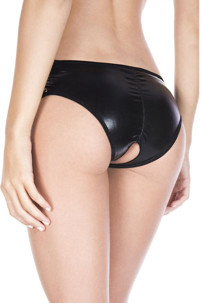 Wet Look Lace Up Crotchless Panty