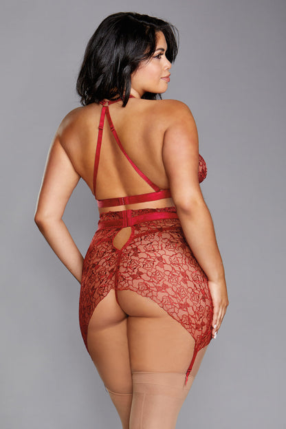 Plus Size Floral Embroidered Bra and Garterskirt