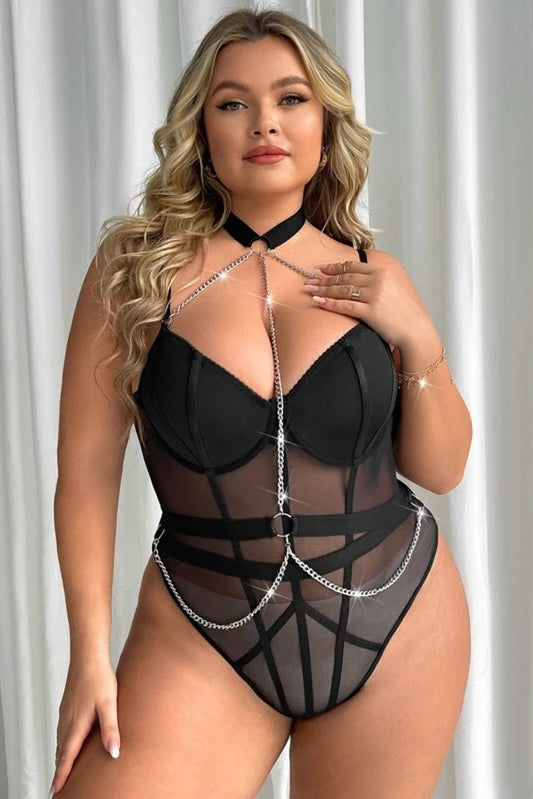 Plus Size Rhinestone Harness Teddy
