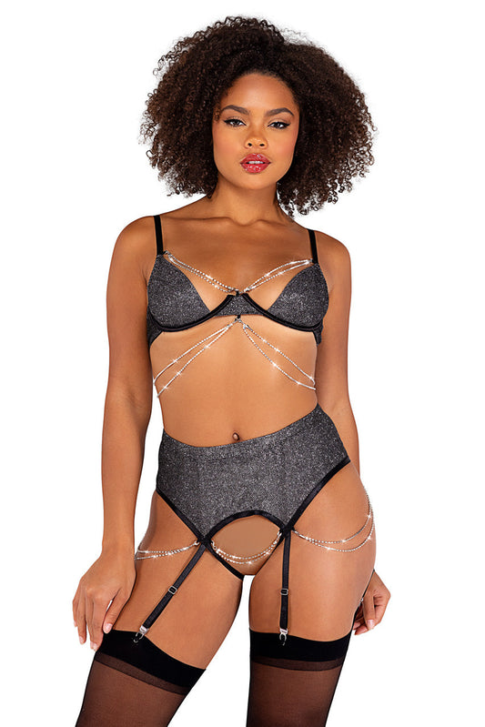 Diamond Sparkle Bra and Crotchless Panty Set