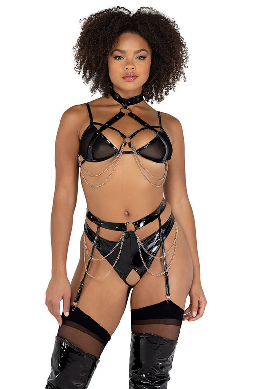 Vinyl and Chains Harness Bra and Crotchless Panty